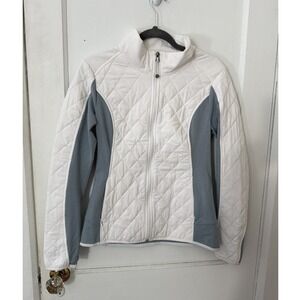 Athleta Quilted Full Zip Active Jacket White Blue Gray Mock Neck Medium